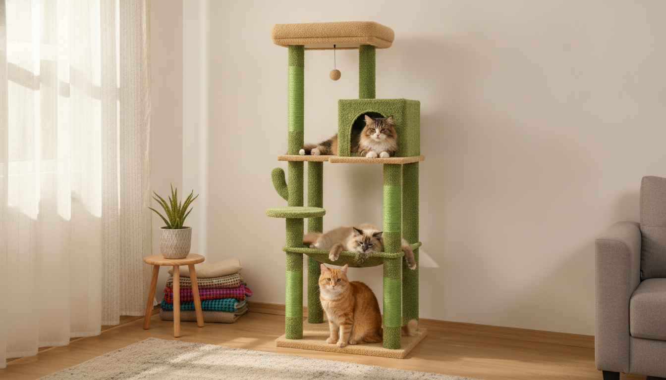 Cactus Cat Tree Tower: Plush Hammock & Condo for Big Cats